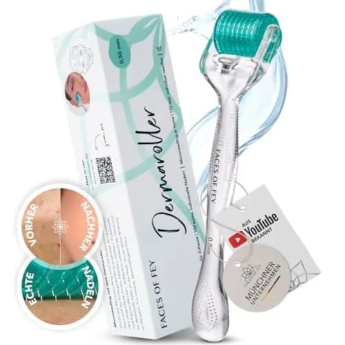 FACES OF FEY Dermaroller Gesicht 0,5mm – 192 Echte Nadeln aus Chirurgenstahl – Microneedling Roller für Gesicht & Körper – Derma Roller für professionelles Micro Needling zuhause