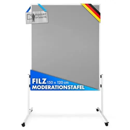 Master of Boards Moderationstafel Filz - Pinntafel für Projektarbeit und Meetings doppelseitig benutzbar - Mobiles Pinnboard mit Rollen - Höhe: 185 cm ausziehbar bis 200cm Breite 120cm - Farbe Grau