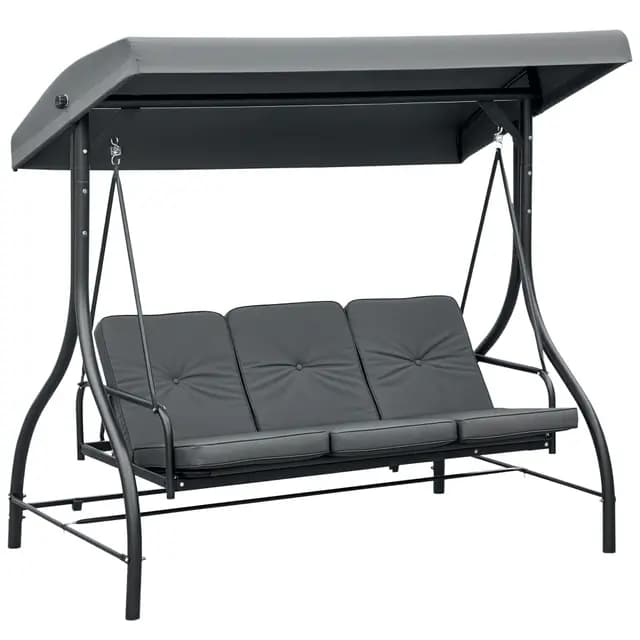Outsunny 2 in 1 Hollywoodschaukel mit Liegefunktion 3-Sitzer Gartenschaukel mit verstellbarem Sonnendach, Schaukelbank belast bis 240kg, Gartenliege für Garten, Terrasse, 195x117x175 cm, Dunkelgrau