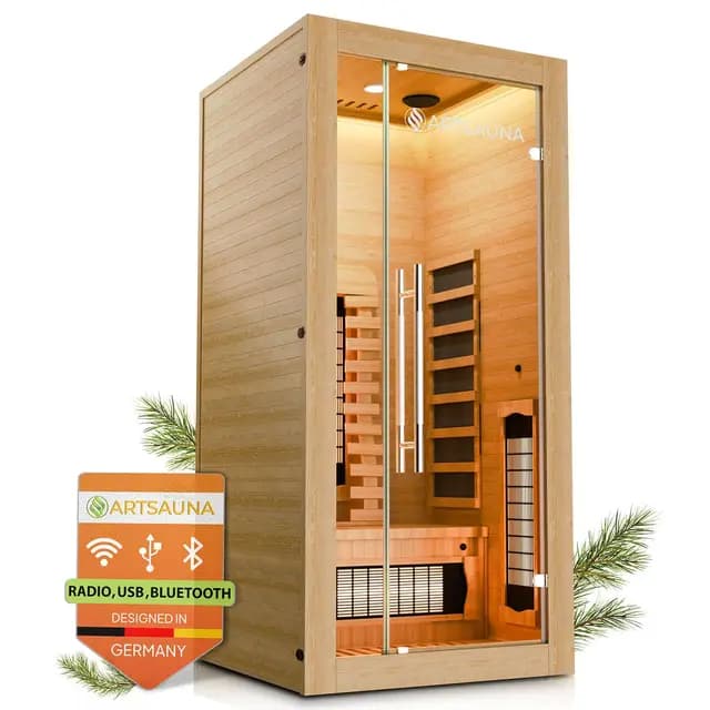 Artsauna Infrarotkabine Kiruna90 Premium mit Vollspektrum- & Flächenstrahler, 1 Person, 90x90x190 cm, LED Farblicht & Glastür, Infrarotsauna Sauna - Rückenstrahler dimmbar