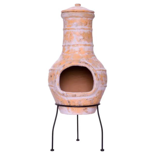 Terrassenofen Gartenkamin Terracotta 85 cm Gartenofen Stahlgestell Feueröffnung20x15 cm Schlotöffnung 26x15 cm robust 19,5 kg Grillkamin