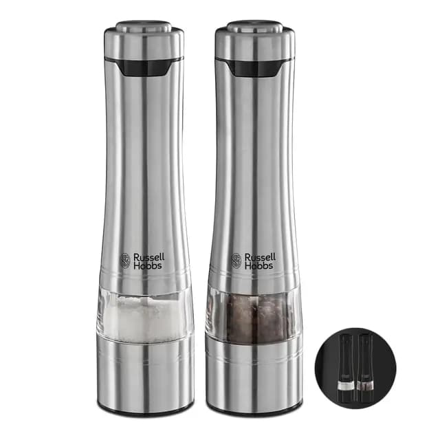 Russell Hobbs Salz und Pfeffer Mühle elektrisch [2er Set] Edelstahl (Keramikmahlwerk für getrocknete Gewürze & Kräuter, Mahlgrad einstellbar fein bis grob, LED Beleuchtung) Gewürzmühlen 23460-56