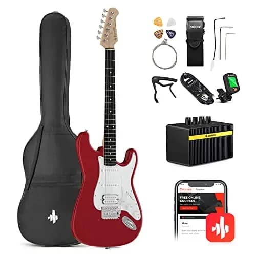 Donner E-Gitarre Set 39 Zoll mit Verstärker, Tasche, Capo, Gurt, Saiten, Tuner, Kabel und Plektren (Rot)