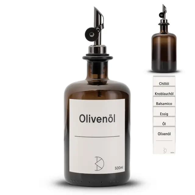 Ölflaschen zum Befüllen - Moderner Ölspender aus Braunglas mit Edelstahl Ausgießer – Spender für Öl, Essig und Balsamico - Aufkleber für deinen Inhalt - 500ml - mit Stickern