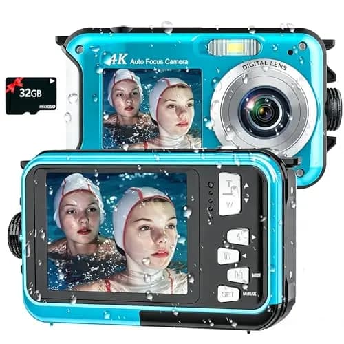 Digitalkamera, Yixinxin 4K Unterwasserkamera, 64MP Autofokus 16FT Digitalkamera wasserdichte mit 32GB Karte, Dual-Screen Selfie 1250mAh Batterie, 16X schwimmfähig Digital für Schnorcheln