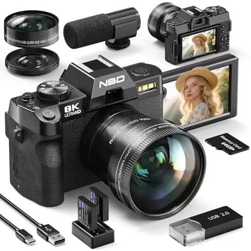 NBD 8K Digitalkamera 64MP mit Autofokus & 16X Zoom, 3" 180° klappbarem Display, WiFi – Inkl. Weitwinkel/Makro-Linse + 2 Akkus + 64GB Karte + Mikrofon (Schwarz)