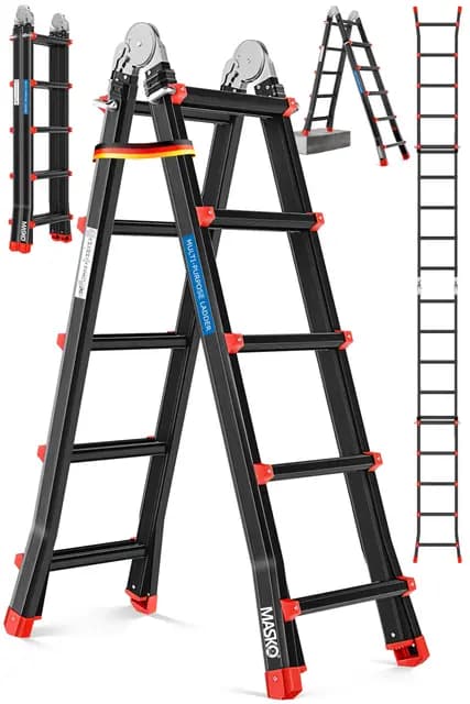 MASKO Aluminium 6in1 Mehrzweckleiter – 20 Sprossen | - 520 cm | 150 Kg, ausziehbar, rutschfest, Multifunktional, Gelenkleiter, Anlegeleiter, Klappleiter, beidseitige Steh- und Treppenleiter | Schwarz – Bild 1