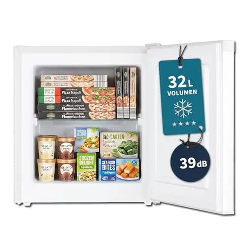 Mini Gefrierschrank 32 L, Glasablage, 4-Sterne-Gefrierbox bis -18 °C, kompakter Tiefkühlschrank, leise 39 dB, manuelle Temperaturregelung, freistehend, Weiß