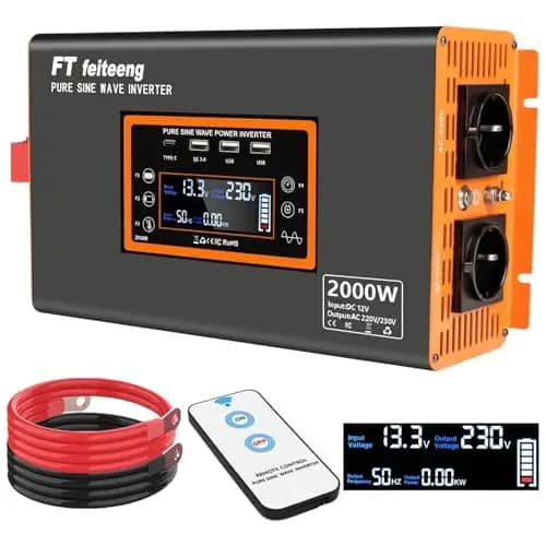 2000W/4000W Wechselrichter 12V auf 230V Reiner Sinus, EU Steckdosen, 30W USB-C, LCD-Fernbedienung, Spannungswandler für Wohnwagen LKW Solar
