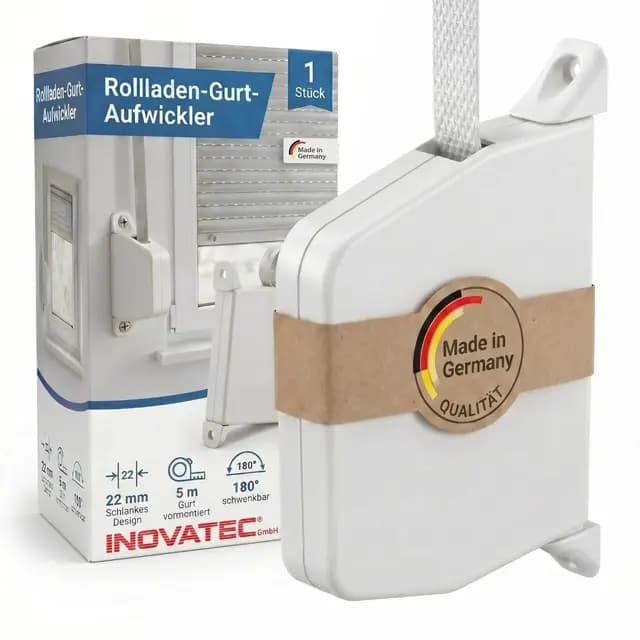 INOVATEC Rollladen Gurtwickler Aufputz Mini inkl. 5m Gurtband – Aufschraubwickler 180° schwenkbar – Einfache Montage für Rolllade, Fenster & Jalousie – Weiß – 1 Stück