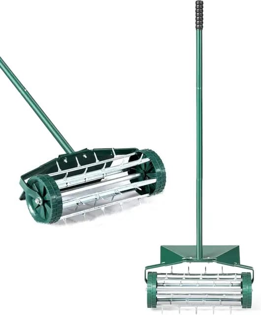 COSTWAY Rasenlüfter Walze, Rasenrolle mit Stiel & 3cm Nägeln & Spritzschutz, Handvertikutierer rollend, Rasenbelüfter manuell, Vertikutierer Rasenwalze für Garten Rasen Hof, 46 x 23 x 127 cm, Grün