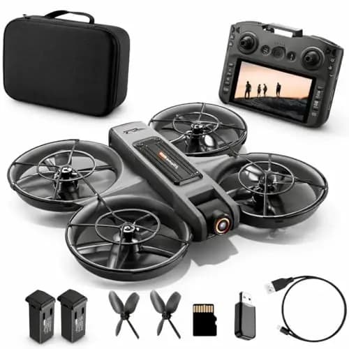 Drohne mit Kamera & Display Fernbedienung, Brushless Motor, Dual Kamera 90° verstellbar, FPV Live-Übertragung, Optical Flow, 360° Flip, LED, Anfänger & Kinder geeignet (Schwarz, Akkus: 2 St.)