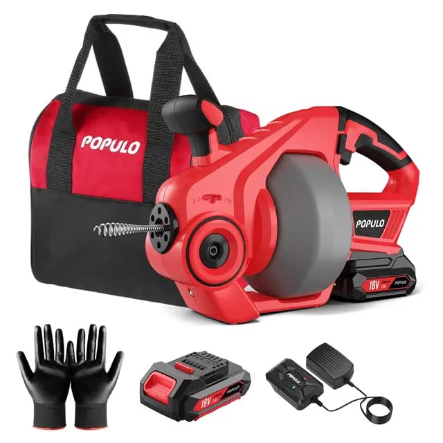 POPULO Rohrreinigungsspirale Akku-Rohrreiniger, 7,6m 18V Elektrischer Abflussreiniger für 18-65mm Rohrverstopfungen Verwendet, Geeignet für WC, Kanalisation, Badewanne, Küchenspüle und Waschbecken