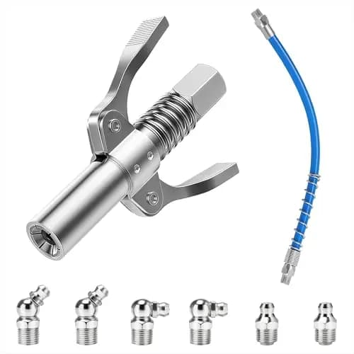 Fettpresse Mundstück Edelstahl Doppelgriff Fettpresse Adapter mit 30cm Schlauch und 6 Stück M10 Schmiernippel für Fettpressen Schmiernippel Zubehör