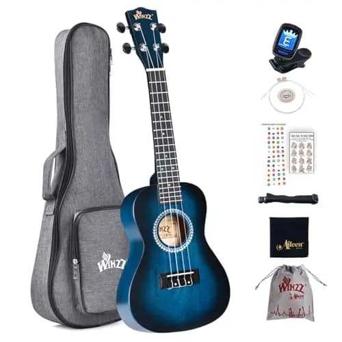 Winzz Ukulele Konzert Anfänger Set Kinderm Erwachsene, Einzigartiges Farbdesign, mit Tasche, Stimmgerät, Zusätzlichen Saiten, Gurt, Noten-Aufkleber (Vintage-Blau, 23 Zoll)