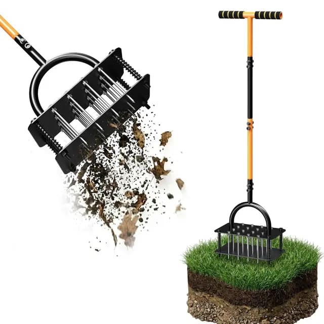 Rasenlüfter Aerifizierer für Rasen, manueller Rasenbelüfter mit 16 Metallspikes & T-Griff, für Verdichtete Böden, Garten & Rasenpflege