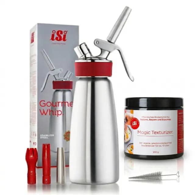 iSi Sahnespender 500ml Edelstahl – Profi Sahnesyphon für Schlagsahne & Espuma – Gourmet Whip inkl 3 Tüllen & Reinigungsbürste – Sahnesiphon Flasche + Magic Texturizer