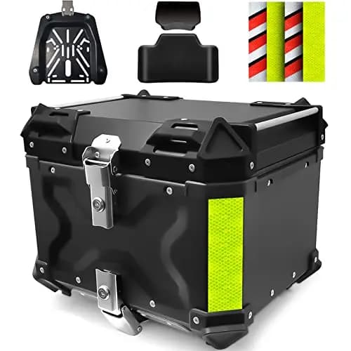 VOKKA Topcase Motorrad, 45L Aluminiumlegierung Topcase für Roller, Wasserdicht, Staubdicht und Diebstahlsicher, Motorradkoffer mit Rückenlehne und InstallierenTrägerplatte (Schwarz)
