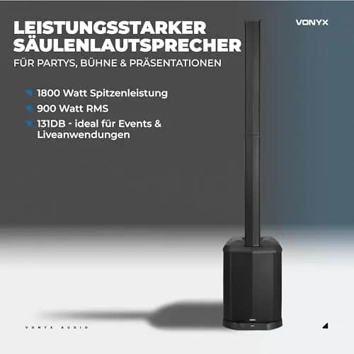 Vonyx VX822 Column Lautsprecher System, PA Anlage Aktiv, 1800 Watt Line Array Säulenlautsprecher, 12 Zoll Subwoofer, Stereo Pairing, Bluetooth 5.0, 4 Kanal, DJ Anlage Komplett Set, PA Speaker