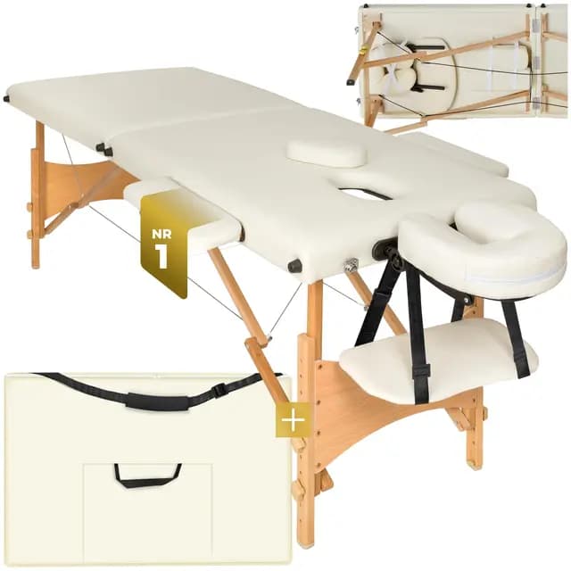 tectake® Massageliege klappbar mit 2 Zonen, Massagetisch tragbar mit 5cm Polsterung, höhenverstellbare, Mobile Massageliege, Massagebank mit Holzfüßen und Zubehör Tragetasche - beige
