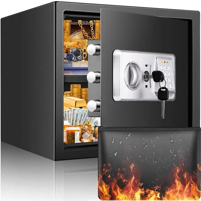 Safe Tresor Feuerfest mit Feuerfester Wasserdichter Geldtasche, 40L Digitaler Heimtresor mit Herausnehmbares Regal und Alarmanlage, Wandtresor Möbeltresor für Schmuck Bargeld Medikamente A4 Dokumente