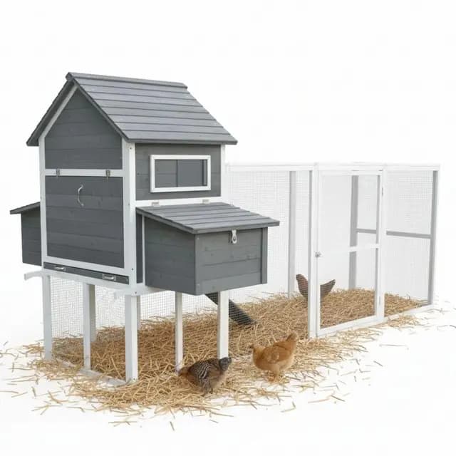 Melko XXL Hühnerstall Holz Grau/Weiß mit Freilaufgehege – fuchssicherer Geflügelstall 310 cm – Hühnerhaus mit 2 Nestboxen, Rampe & herausziehbarer Reinigungsschublade – artgerechte Tierhaltung