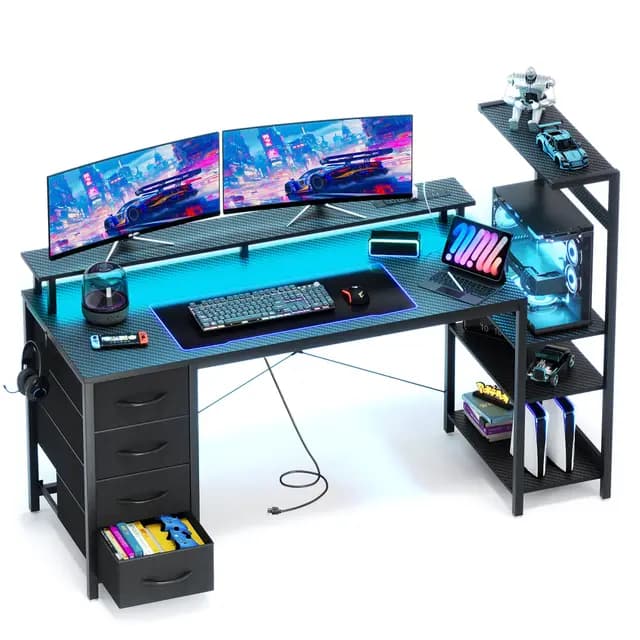 YOUDENOVA Gaming Schreibtisch mit 4 Stoff Schubladen, 150x48cm Reversibel Computertisch mit LED & Steckdose, Bürotisch mit Monitorständer, USB-Anschluss，PC Tisch für Home Office & Gamer Schwarz – Bild 1