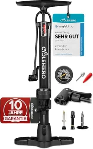 Fahrradpumpe alle Ventile **Test SEHR GUT + 10 Jahre GARANTIE** Leistungsstarke Fahrrad Pumpe Luft – Fahrrad Luftpumpe Französisches Ventil - Luftpumpe Fahrrad Standpumpe mit Manometer Standluftpumpe