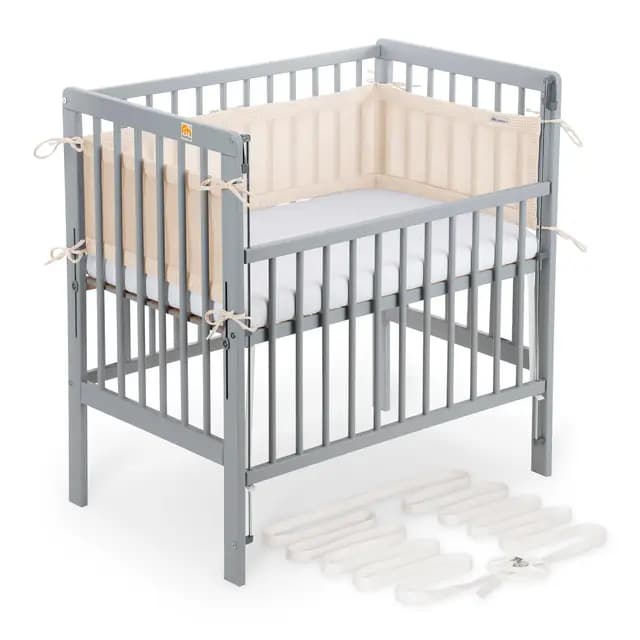 FabiMax Boxspring Baby Beistellbett Flex 90x55, aus Buchenholz grau lackiert, mit innovativem verstellbarem Seitengitter, passend für Boxspringbetten (Matratze Classic, Beige)