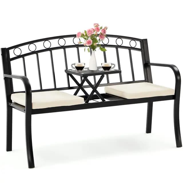 AVAWING Gartenbank mit Klapptisch, 2in1 Sitzbank mit Sitzkissen, Metall Balkonbank für Garten, Park, Balkon,Flur, Schwarz – Bild 1
