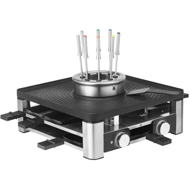 WMF Lumero 3in1 Gourmet Station – elektrisches Raclette, Fondue und Grill für 8 Personen, aus Edelstahl matt, mit Temperaturregulierung und LED-Beleuchtung – platzsparendes Design für stilvolle Abende