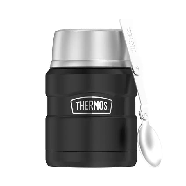 Thermos STAINLESS KING Thermobehälter für Essen schwarz matt 0,47l - Edelstahl, absolut dicht, hält Speisen 9h heiß & 14h kalt, mit klappbarem Löffel, BPA-frei