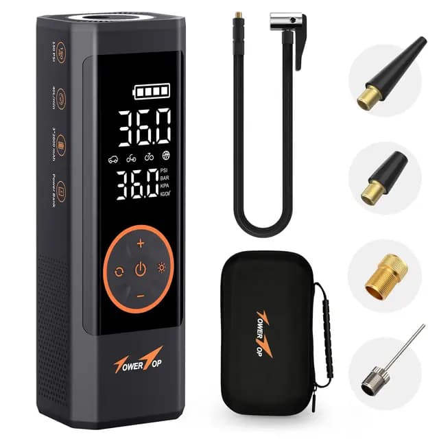 TowerTop Elektrische Luftpumpe Akku Kompressor: 2,5-Mal Schnelleres 150PSI Mini Akku Luftpumpe 7800mAh Fahrradpumpe Elektrisch, Super großes LED-Display,Memory-Funktion,Autostop Function Mit Trageetui