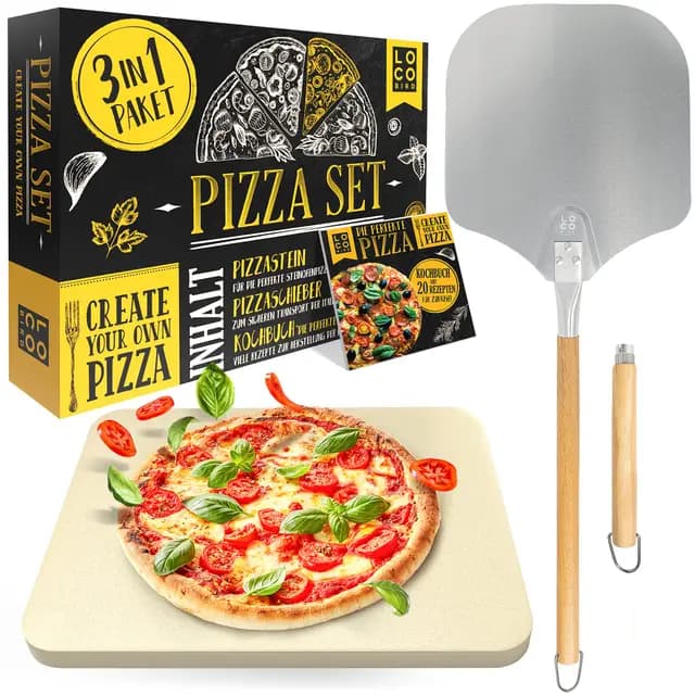 Loco Bird Pizzastein für Backofen & Gasgrill inkl. Pizzasschieber & 55-seitigem Rezeptbuch - Pizza Stein rechteckig aus Cordierit für knusprigen Pizzaboden wie vom Italiener - Pizzastone Set