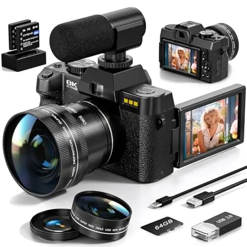 64MP Digitalkamera 8K für Fotografie & Vlogging, 180° Flip Screen Kamera mit WiFi, 16X Zoom, Externes Mikrofon, Weitwinkel- & Makroobjektiv, 2 Akkus & 64GB SD-Karte Komplettset (Classic Schwarz)