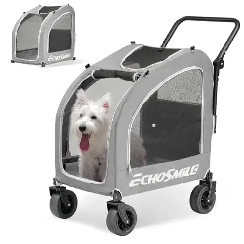 EchoSmile Hundewagen für Kleine und Mittelgroße Hunde bis 20kg, Geländegängige Faltbar Hundebuggy mit Doppelbremsen, Sicherheitsgurte im Auto & Netzfenstern, Grau