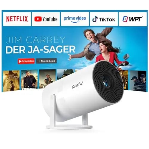 [Mini Beamer & Offizielle Lizenzierte App] XuanPad Weiß Smart Beamer 4K Unterstützung 22000 Lumen mit WiFi und Bluetooth, Tragbarer Native 1080P Outdoor Projektor mit 360° Ständer