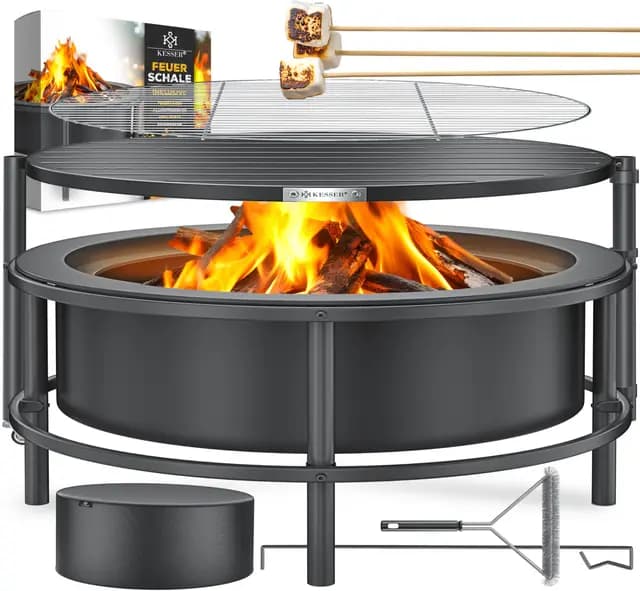 KESSER® Feuerschale mit Grillrost Ø65cm Feuerkorb 0,6mm Kaltveredelter Stahl | Mobile Feuertonne mit Reifen | Holz & Kohle Feuerstelle inkl. 60cm Feuerhaken aus Gusseisen, Ø52cm, Bürste & Cover