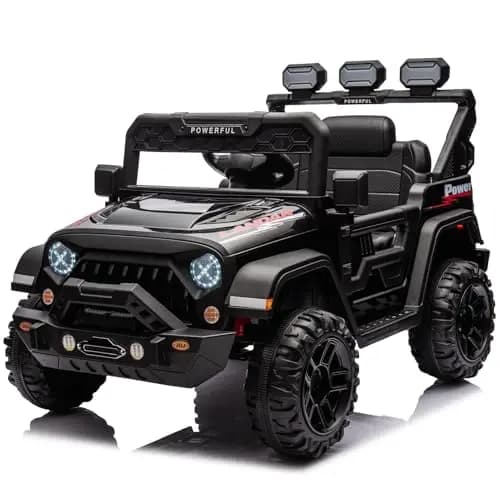 Kinder Elektroauto mit Verbesserter Akku 12V 7AH, Elektrofahrzeuge 3-Gang - 2 Betriebsmodi mit 2,4G-Fernbedienung, LED-Lichter, Bluetooth, Sicherheitsgurten für Kinder von 1-8 Jahren (Schwarz)