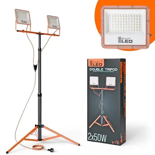 SmartLED Baustrahler Arbeitsstrahler mit Stativ 2x50W, LED Strahler 2x5500 Lumen, Orange, 1,60 m Einstellbar Teleskopisch, 360° Grad Drehung, 180 cm Kabel, IP65 (2x 50W 11000lm)