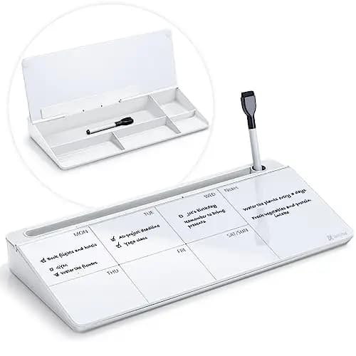 Varhomax Schreibtisch Organizer, Desktop Whiteboard Wochenplaner Glas Weiß Mit Aufbewahrung Abwischbar, To Do Liste, Notizblock und Tastaturständer für Homeoffice, Büro und Schulbedarf