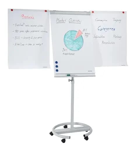 FRANKEN Flipchart, Beschreibbar, Magnetisch, Mobil, Mit Rollen und 2 Seitenarmen, Whiteboard mit Ständer, Papierhalterung und Stifteablage, 68 x 105 cm, ECO Mobil, F2400/N