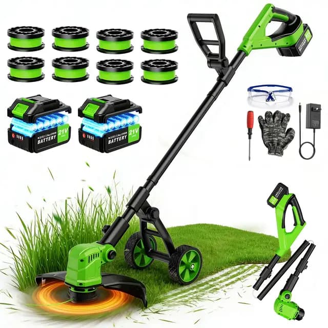 14 Zoll Rasentrimmer mit Akku und Rad,21V Akku-Rasentrimmer mit 2 * 3000 mAh Batterie und Ladegerät,800W Bürstenloser Motor,Freischneider mit 8 Ersatzspulen für Garden Trimmen,Höfe(Grün)
