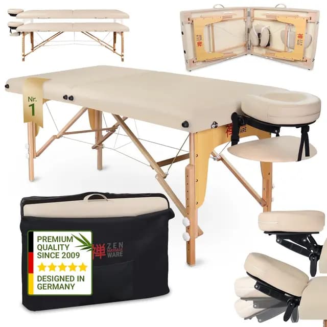 Zen® Startup Massageliege klappbar & Mobile Massagetisch aus Holz, stabile Massagebett - Massagebank höhenverstelbar, Tattoo & Kosmetikliege - Behandlungsliege mit Kopfteil - Creme Weiß