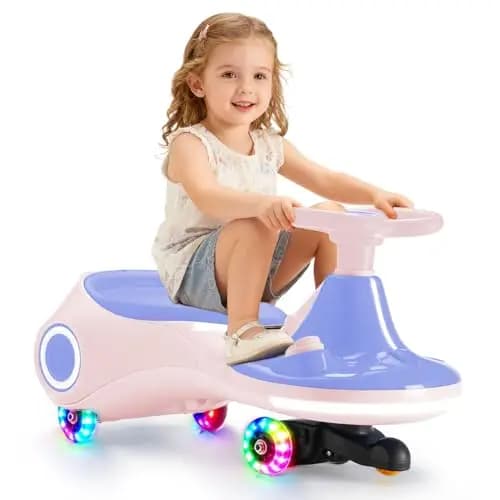 12V Kinder-Elektro-Wackelauto, 3-in-1 Fahrspielzeug mit Pedal, wiederaufladbare Batterie, 3 Fahrmodi, Kippschutz, Leuchtrollen, Musik, für Kinder von 3–8 Jahren, bis 70 kg, Lila-Pink