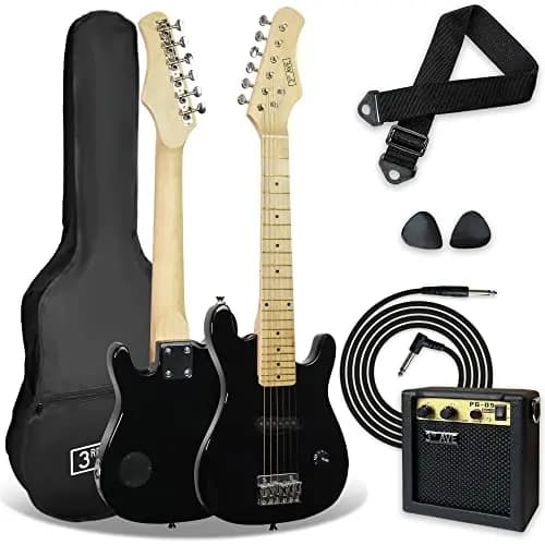 3rd Avenue E-Gitarrenset für Kinder in 1/4-Größe, Junior-Gitarre für Anfänger – mit tragbarem Verstärker mit 5 W, Kabel, Tasche, Plektren und Gurt – in Schwarz