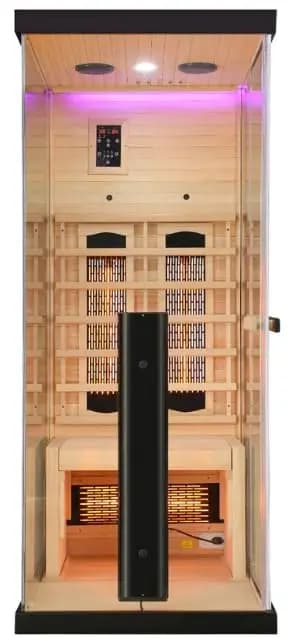 SANOTECHNIK Infrarotkabine GRENA DELUXE (für 1 Person, 80×110×190 cm) – Infrarotsauna mit 4 Voll‑Spektrumstrahlern, 6 mm ESG‑Sicherheitsglas, Bluetooth‑MP3, LED‑Farblicht & Touch‑Display, SB40080