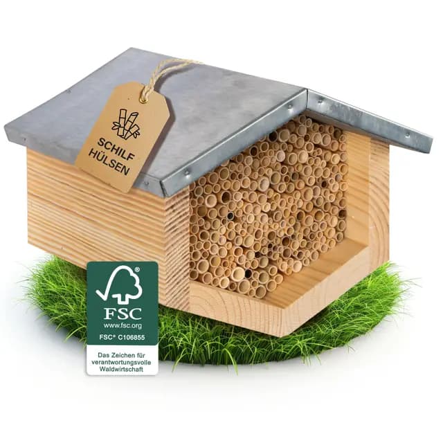 BEESI Bienenhotel mit Metalldach und Schilf-Röhrchen – Bild 1
