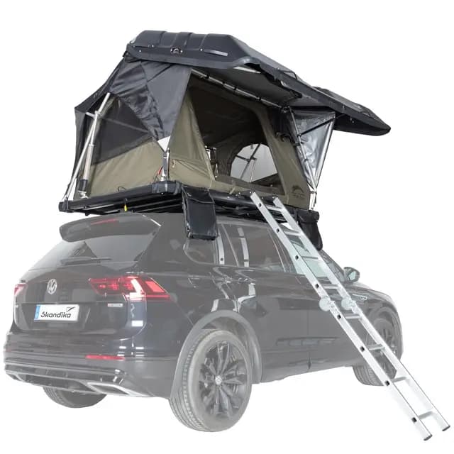 Skandika Dachzelt Auto Wildland | Autodachzelt Hartschale für 2 Personen, Solarzellen, Moskitonetz, wasserdicht 3000 mm, LED-Leiste, vollautomatisches Aufklappen | Zelt Autodach für Camping Outdoor