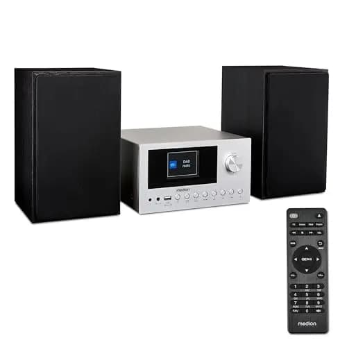 MEDION P85003 Micro Audio System Kompaktanlage (Internetradio, DAB+, PLL UKW Radio, Bluetooth, USB Anschluss, AUX, 2x150 W) Silber